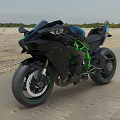 Stylish Black Sport Motorcycle With Green Frame Accents On Gravel Road Landscape