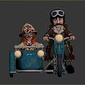 Vintage Blue Motorcycle With Two People Riding Wearing Helmets Hats And Luggage Bag