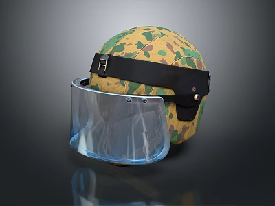 Protective Camouflage Helmet With Transparent Face Shield And Black Strap 3d model