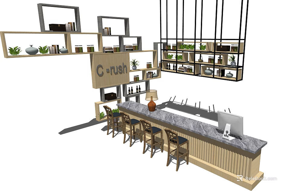 Modern Reception Counter With Bar Stools Hanging Plant Shelves Wall Shelves And Laptop 3d model 