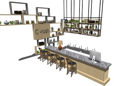 Modern Reception Counter With Bar Stools Hanging Plant Shelves Wall Shelves And Laptop 3d model