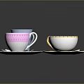 Colorful Tea Cups Saucers and Spoons with Pink Blue White Patterns and Gold Trim
