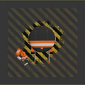 Orange Robot With Four Legs Standing On Yellow Black Striped Floor Near Small Device