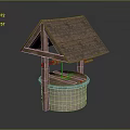 Traditional Wooden Well With Triangular Tile Roof And Stone Circular Base