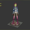 3D Female Character Model With Red White Uniform Blue Scarf And Glowing Pink Base