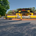 Traditional Chinese Ancient Architecture With Yellow Facade Classic Curved Roofs Courtyard And Stone Pavement