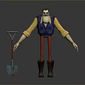Cartoon Farmer Character Figure With Yellow Shirt Blue Vest Red Pants Brown Boots And Shovel