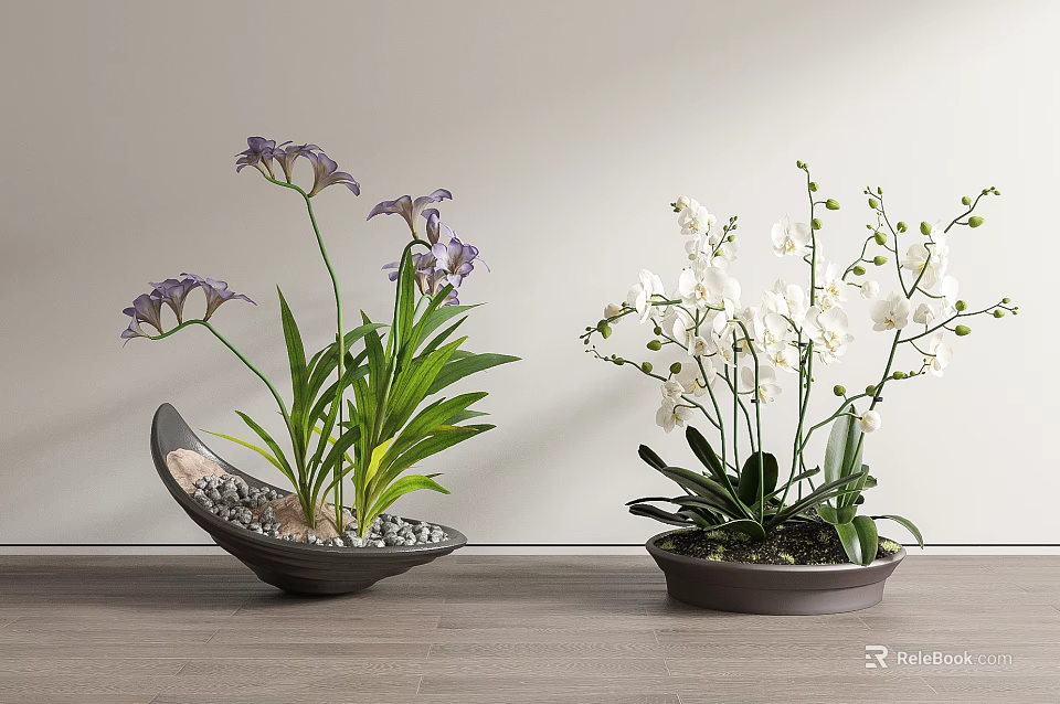 Bonsai Potted Plants with Purple and White Flowers in Black Ceramic Pots and Small Stones 3d model 