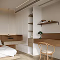 Modern Bedroom Interior With Wooden Bed Built in Wardrobe Area Rug And Hanging Lights