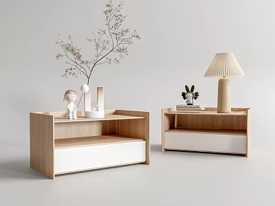 Modern Wooden Bedside Tables With White Bases And Decorative Items Like Lamp Books And Figurines 3d model