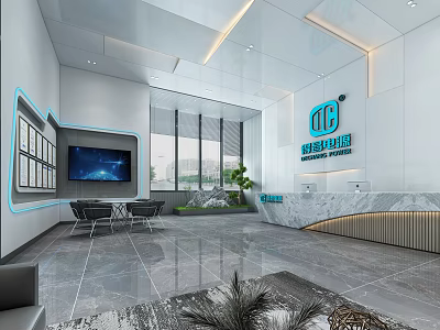 Modern Office Reception Desk with Marble Countertop Company Logo and Display Screen Indoor Plants 3d model