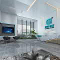 Modern Office Reception Desk with Marble Countertop Company Logo and Display Screen Indoor Plants