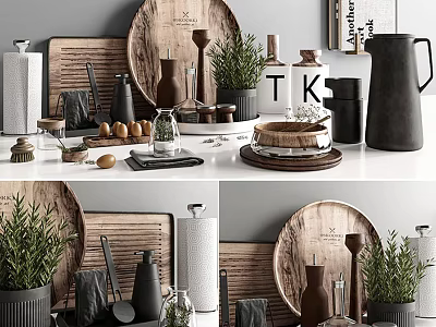 Modern Tableware Set With Wooden Tray Ceramic Containers And Green Plants On Kitchen Countertop 3d model