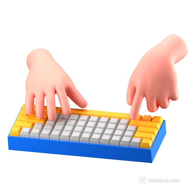 Two Hands Typing On Colorful Keyboard With Yellow And White Keys 3d model 