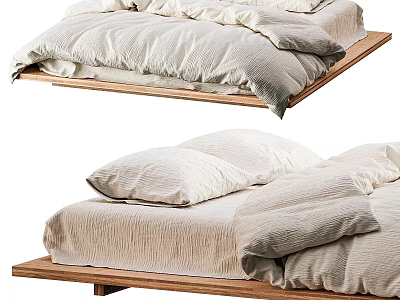 Minimalist Wooden Bed Frame With Linen Bedding Soft Pillows And Cozy Duvet 3d model