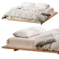 Minimalist Wooden Bed Frame With Linen Bedding Soft Pillows And Cozy Duvet