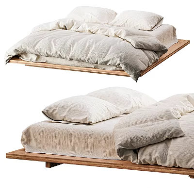 Minimalist Wooden Bed Frame With Linen Bedding Soft Pillows And Cozy Duvet 3d model