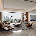 Modern Living Dining Room Interior With Marble Wall Sofa Set Shelving Units And Patterned Rug