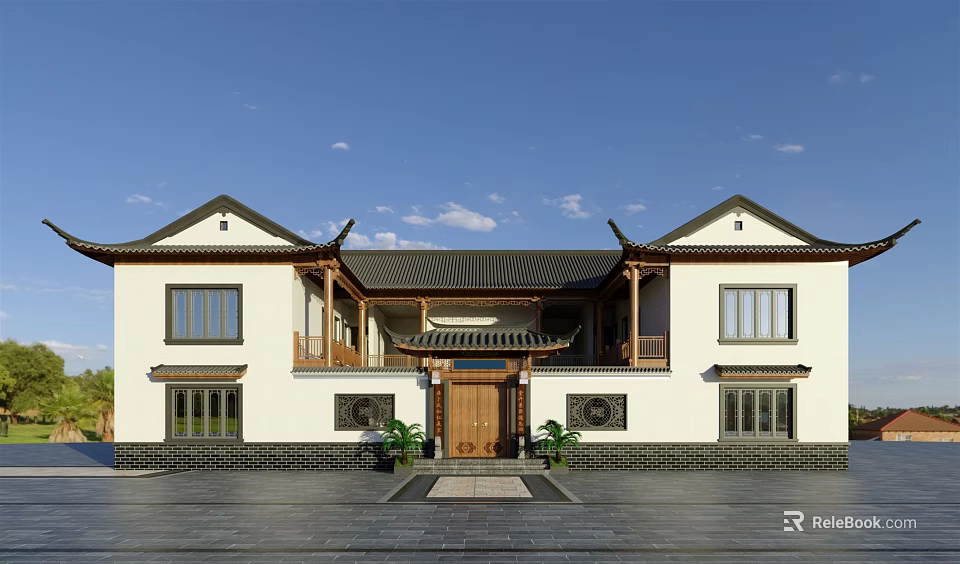 Chinese Style Detached Villa With White Walls Wooden Door And Overhanging Eaves 3d model 