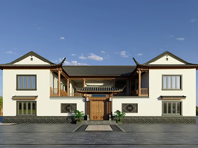 Chinese Style Detached Villa With White Walls Wooden Door And Overhanging Eaves 3d model