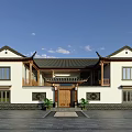 Chinese Style Detached Villa With White Walls Wooden Door And Overhanging Eaves