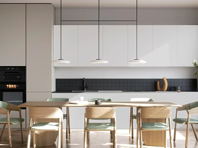 Modern Restaurant Interior With White Cabinets Wooden Dining Table And Hanging Pendant Lights 3d model