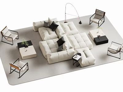 Modern White Modular Sofa Coffee Table Combination With Accent Chairs And Floor Lamp 3d model
