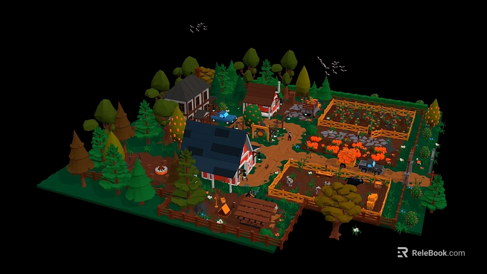 Cartoon Countryside Scene With Colorful Houses Trees Garden Path And Campfire 3d model 