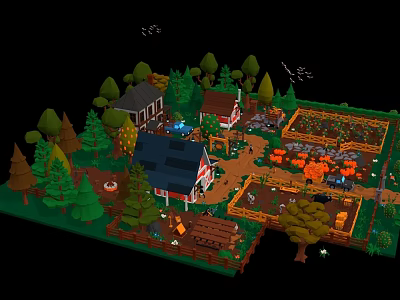 Cartoon Countryside Scene With Colorful Houses Trees Garden Path And Campfire 3d model