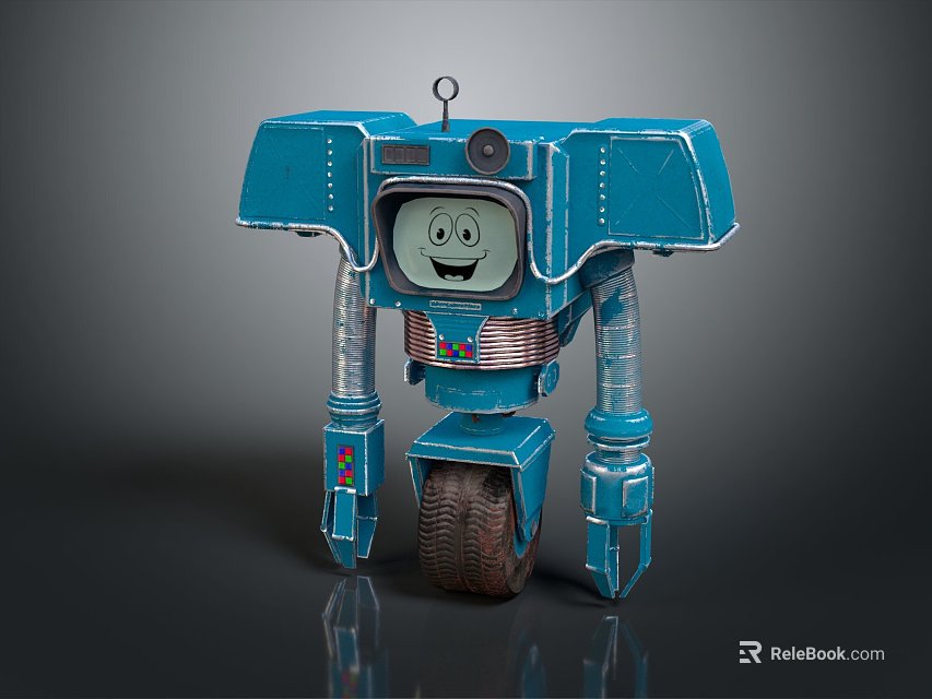 Blue Smart Robot With Vintage Design Metallic Body TV-like Head And Wheeled Base 3d model 