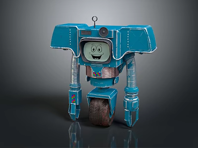 Blue Smart Robot With Vintage Design Metallic Body TV-like Head And Wheeled Base 3d model