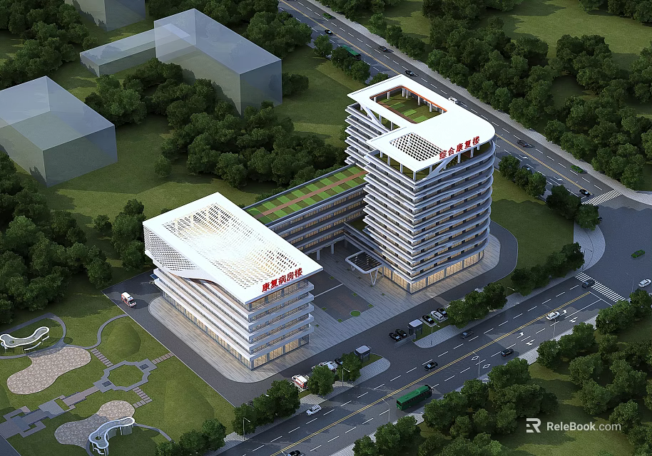 Modern Building Entrance Gate With White Exterior Green Surroundings Road Red Top Logo 3d model 