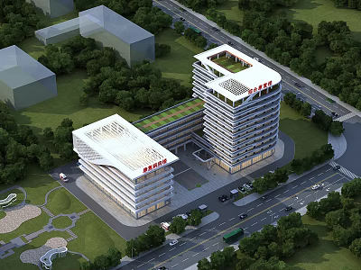 Modern Building Entrance Gate With White Exterior Green Surroundings Road Red Top Logo 3d model