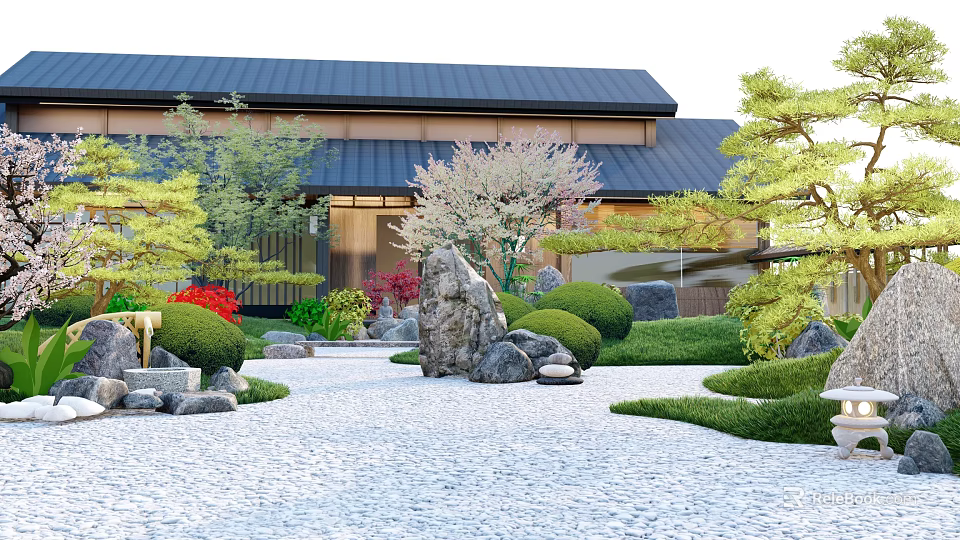 Traditional Japanese Dry Landscape Garden With Large Rocks Pine Trees And Pebble Pathway 3d model 