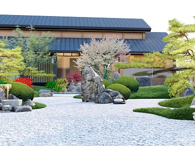 Traditional Japanese Dry Landscape Garden With Large Rocks Pine Trees And Pebble Pathway 3d model