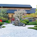 Traditional Japanese Dry Landscape Garden With Large Rocks Pine Trees And Pebble Pathway