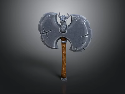 Mythical Battle Axe Weapon With Bat Wing Head And Dragon Ornament Wooden Handle 3d model
