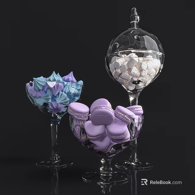 Ceramic Vessels With Purple Macarons And White Meringues On Black Background 3d model 