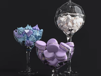 Ceramic Vessels With Purple Macarons And White Meringues On Black Background 3d model