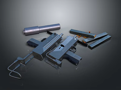 Tactical Handgun Weapon With Silencer Magazines And Accessories On Dark Surface 3d model
