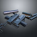 Tactical Handgun Weapon With Silencer Magazines And Accessories On Dark Surface 3d model