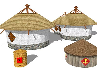 Traditional Round Thatched Roof Houses With White Walls Stone Base And Storage Jars With Characters 3d model