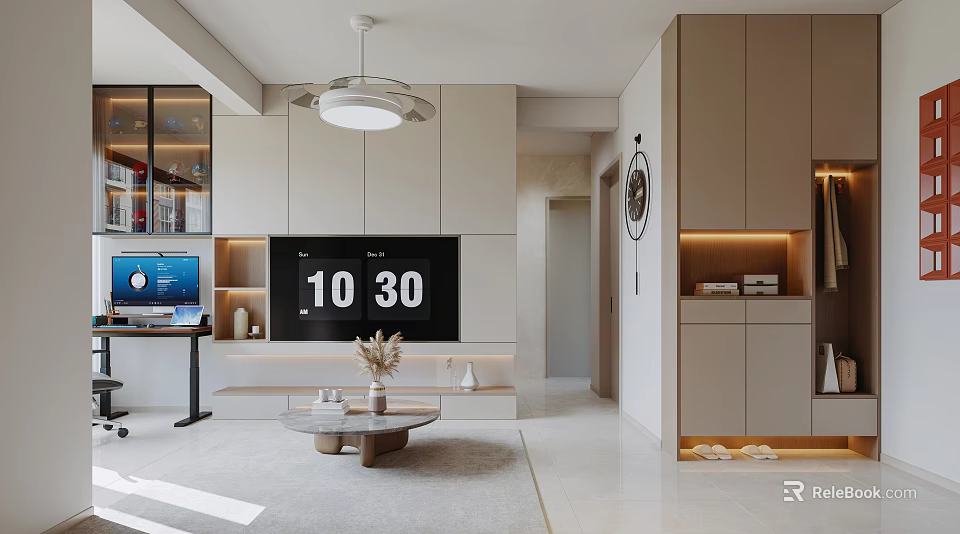 Modern Living and Dining Room Interior With TV Wall Cabinetry Ceiling Light And Coffee Table 3d model 