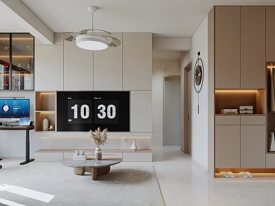 Modern Living and Dining Room Interior With TV Wall Cabinetry Ceiling Light And Coffee Table 3d model