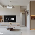 Modern Living and Dining Room Interior With TV Wall Cabinetry Ceiling Light And Coffee Table