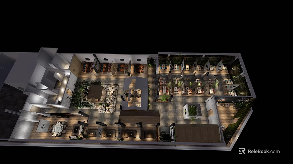 Spacious Restaurant Layout Featuring Multiple Seating Areas Green Plants And Dining Zones 3d model 