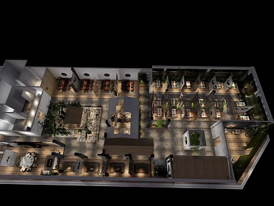 Spacious Restaurant Layout Featuring Multiple Seating Areas Green Plants And Dining Zones 3d model