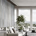 Modern Living Room Interior With Large Windows Sea View White Sofa And Green Plant