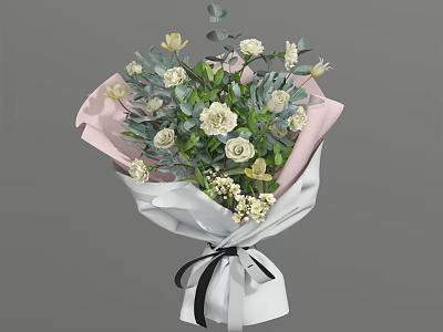 Fresh White Flower Bouquet With Green Leaves Pink White Wrapping And Black Ribbon 3d model