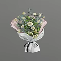 Fresh White Flower Bouquet With Green Leaves Pink White Wrapping And Black Ribbon